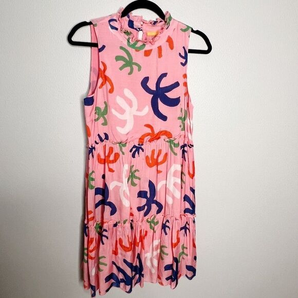 Oliphant Pink Tiered Abstract Print Sun Dress Size XS Cotton Silk - Picture 6 of 7